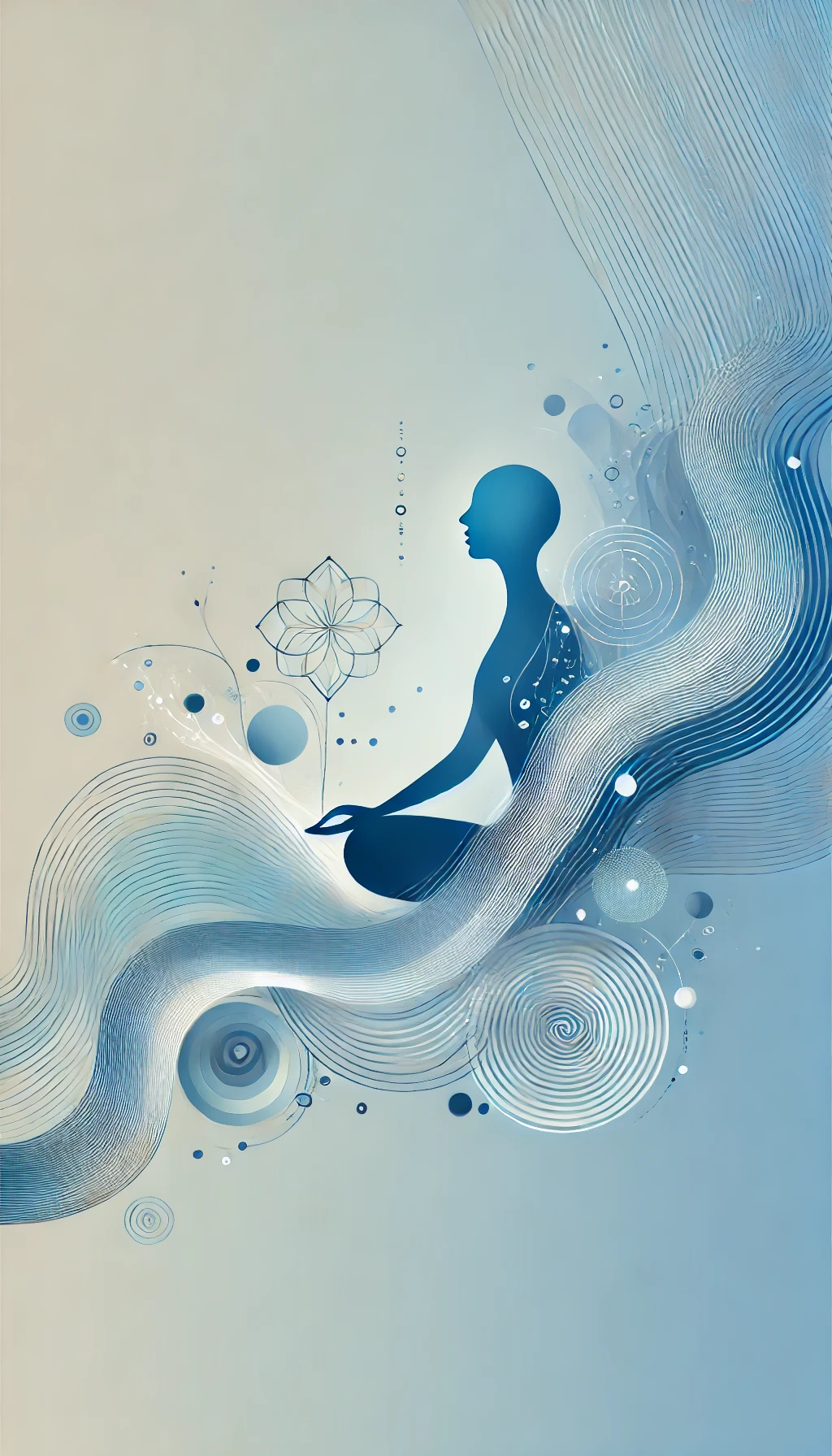 Illustrazione simbolica e armoniosa che rappresenta la mindfulness e la meditazione. Una figura stilizzata in posizione meditativa è circondata da onde fluide e motivi astratti in tonalità di blu, evocando calma, equilibrio interiore e connessione con il presente. L’atmosfera trasmette serenità e consapevolezza.